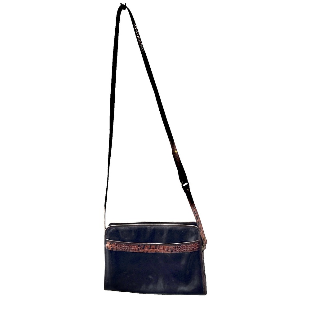 Brahmin Vintage Black Leather Crossbody Bag Croc Trim Adjustable‎ Strap 90s